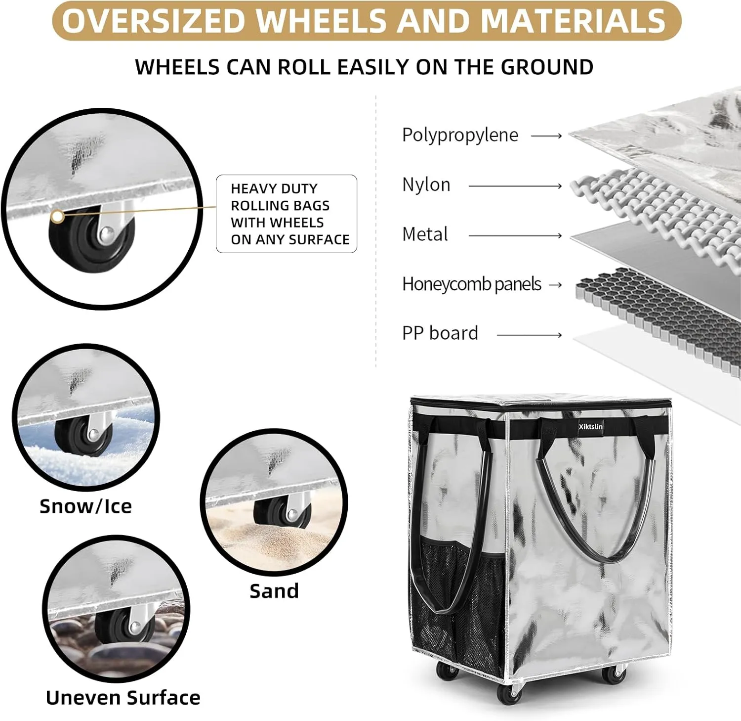 (Medium,Silver) Reusable Grocery Bag on Wheels, Foldable Rolling Tote 76 lbs Capacity Shopping Trolley,Rolling Bag with Handles,Zipper Clouser Rolling Tote Bag with Wheels for Laundry
