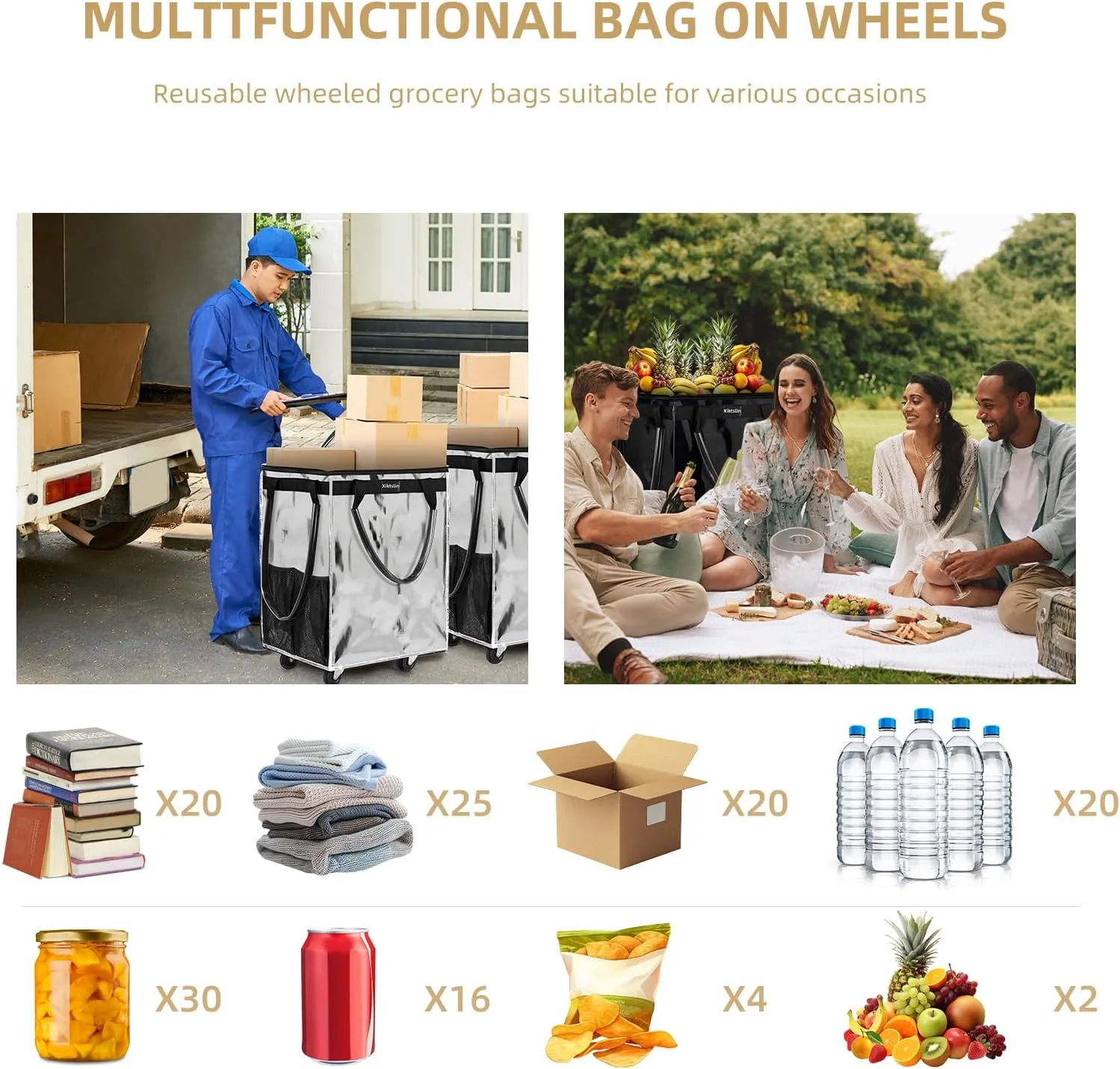 (Medium,Silver) Reusable Grocery Bag on Wheels, Foldable Rolling Tote 76 lbs Capacity Shopping Trolley,Rolling Bag with Handles,Zipper Clouser Rolling Tote Bag with Wheels for Laundry