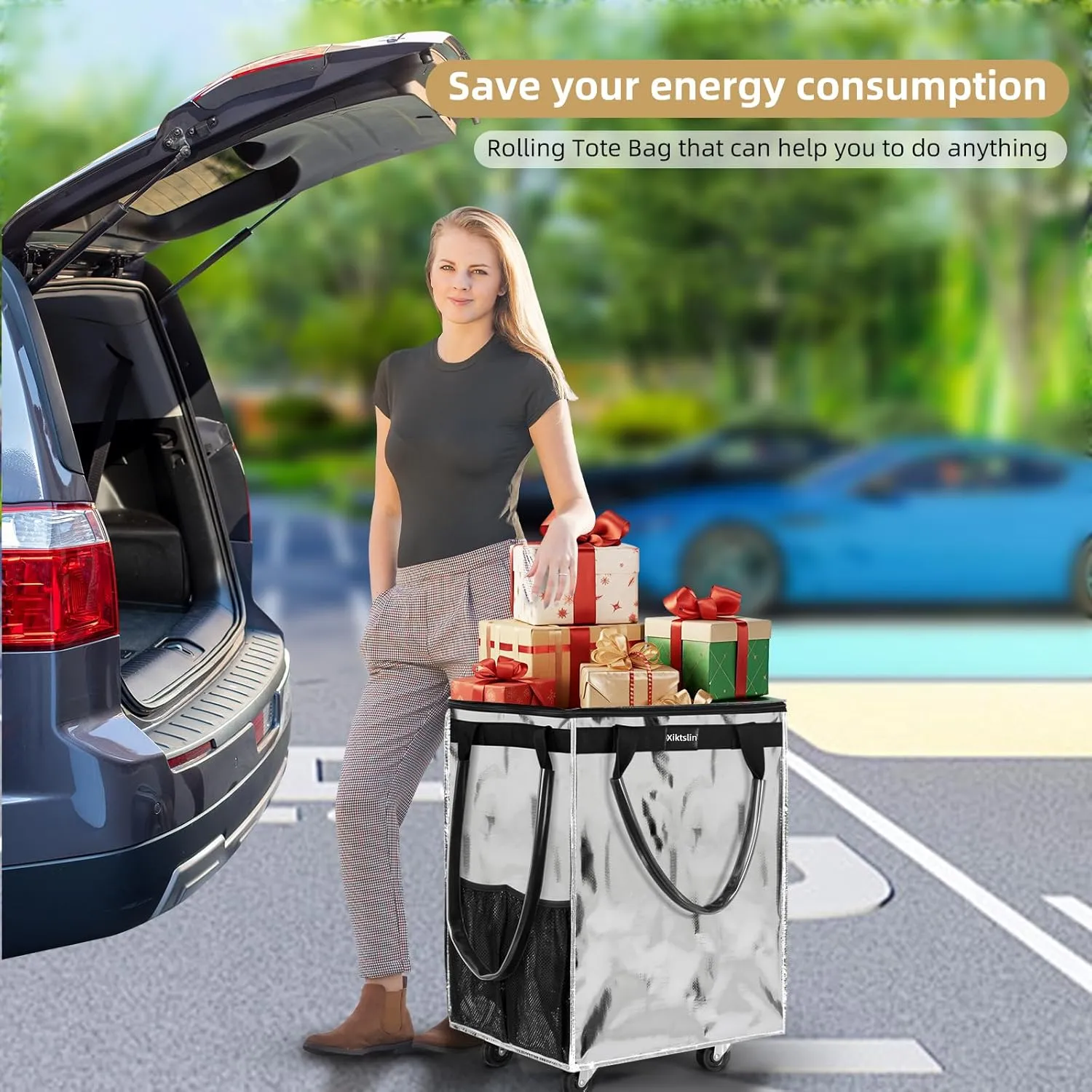 (Medium,Silver) Reusable Grocery Bag on Wheels, Foldable Rolling Tote 76 lbs Capacity Shopping Trolley,Rolling Bag with Handles,Zipper Clouser Rolling Tote Bag with Wheels for Laundry