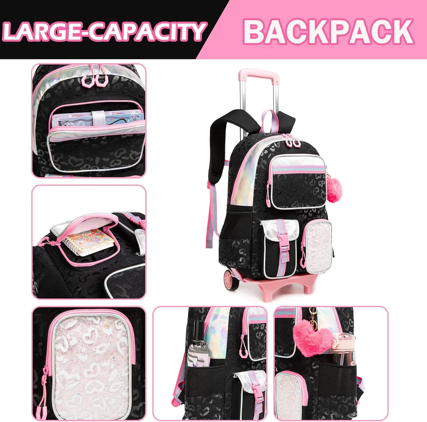 Meetbelify Backpack with Wheels for Girls Rolling Backpack Cute Carry on Backpack for Elementary Student