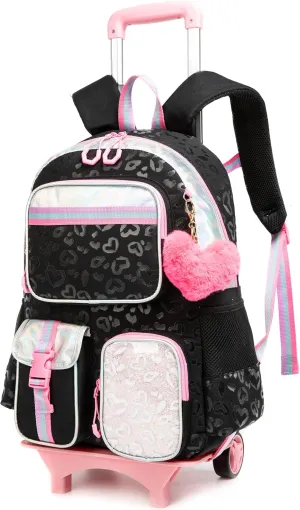 Meetbelify Backpack with Wheels for Girls Rolling Backpack Cute Carry on Backpack for Elementary Student