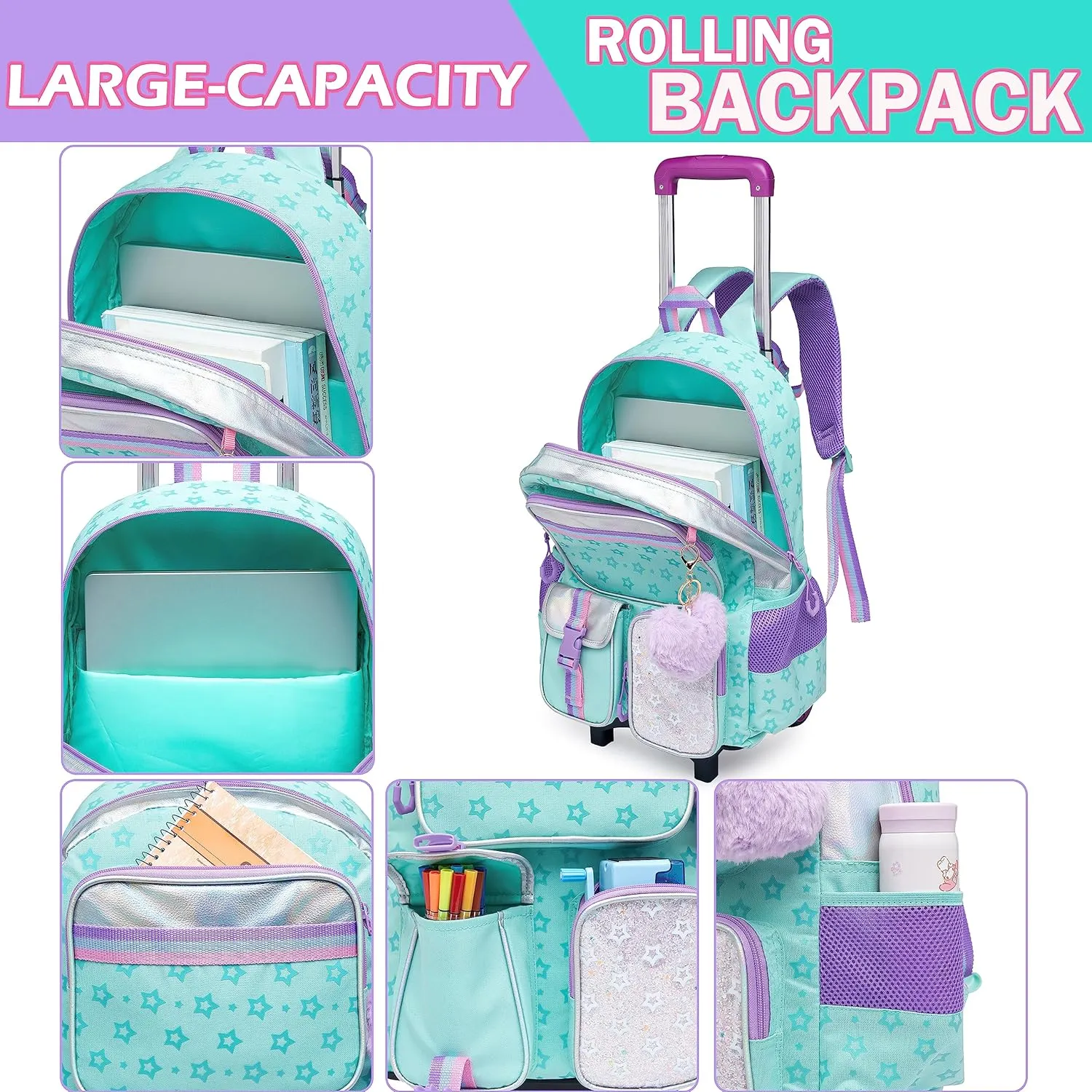 Meetbelify Backpack with Wheels for Girls Rolling Backpack Cute Carry on Backpack for Elementary Student