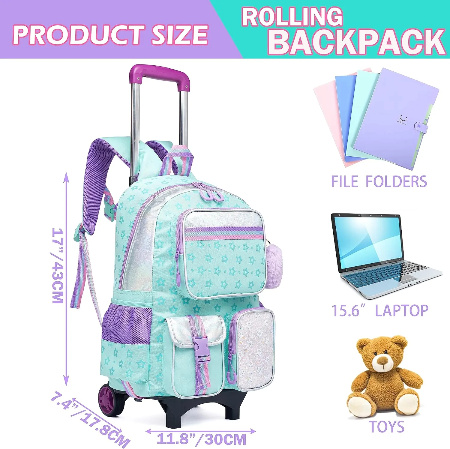 Meetbelify Backpack with Wheels for Girls Rolling Backpack Cute Carry on Backpack for Elementary Student
