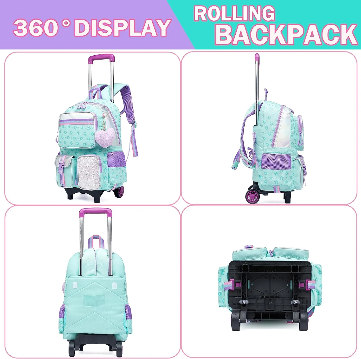 Meetbelify Backpack with Wheels for Girls Rolling Backpack Cute Carry on Backpack for Elementary Student