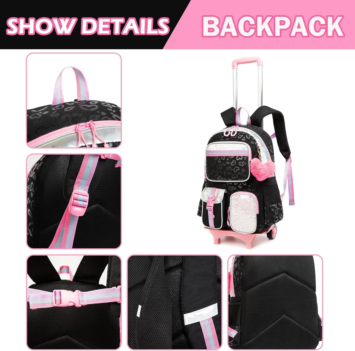 Meetbelify Backpack with Wheels for Girls Rolling Backpack Cute Carry on Backpack for Elementary Student