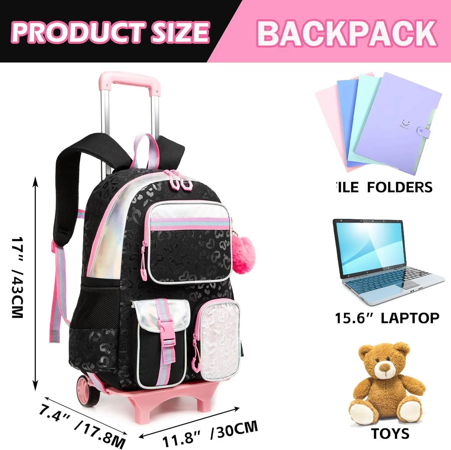 Meetbelify Backpack with Wheels for Girls Rolling Backpack Cute Carry on Backpack for Elementary Student