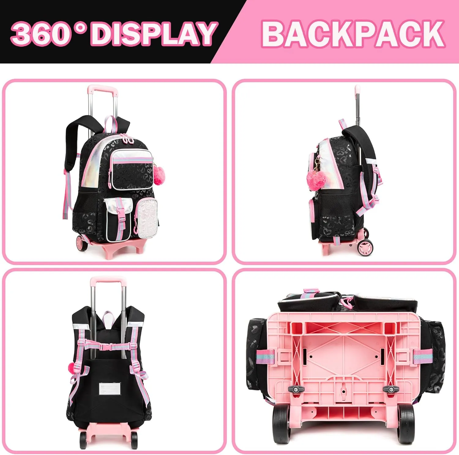 Meetbelify Backpack with Wheels for Girls Rolling Backpack Cute Carry on Backpack for Elementary Student