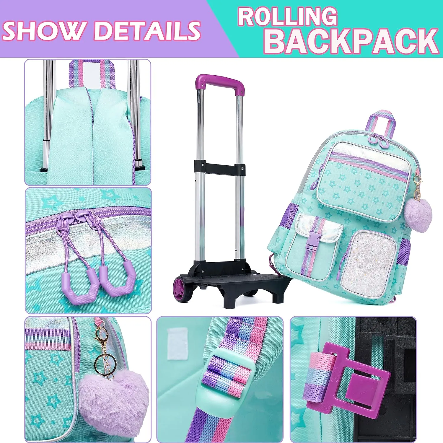 Meetbelify Backpack with Wheels for Girls Rolling Backpack Cute Carry on Backpack for Elementary Student