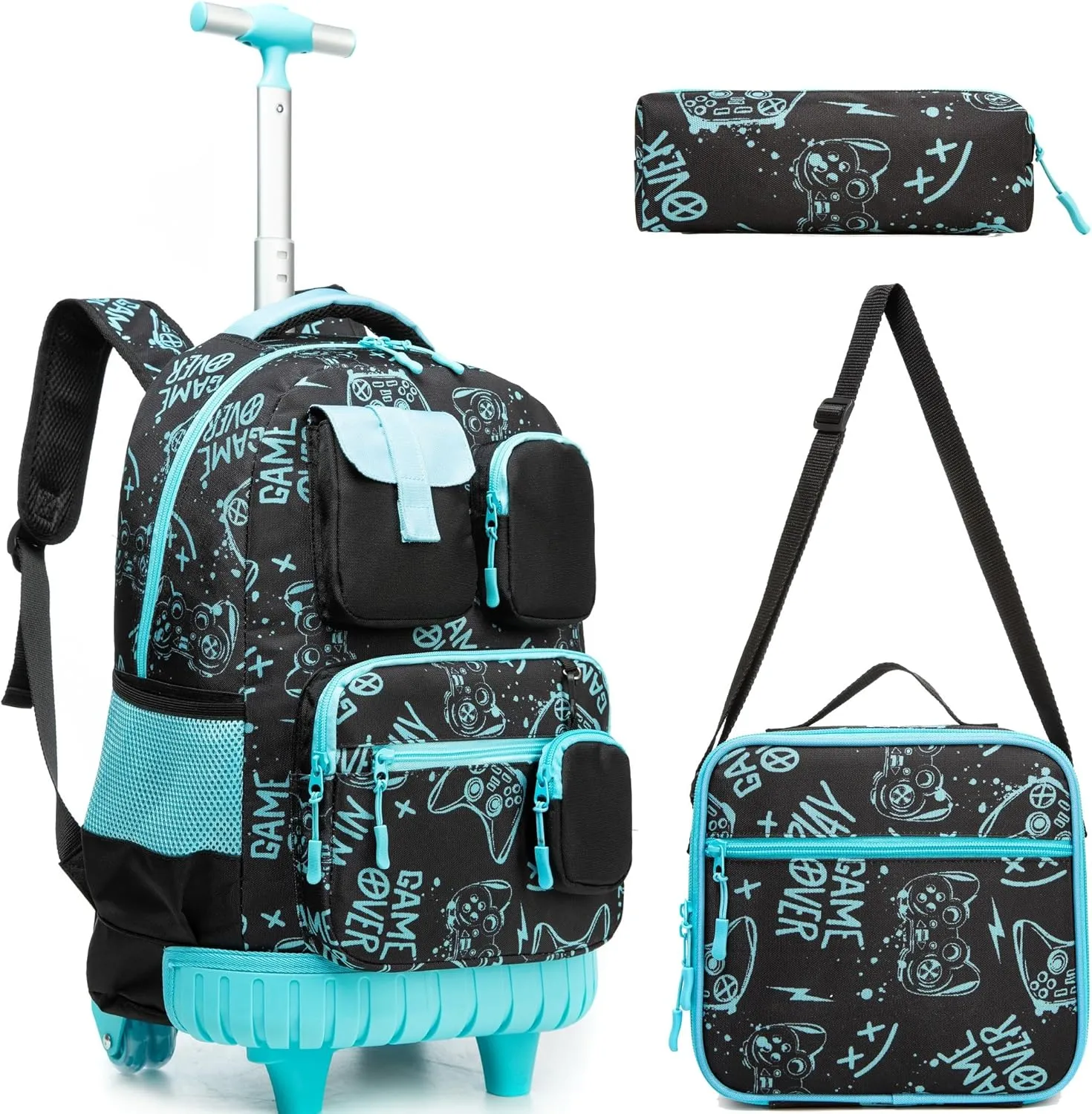 Meetbelify Boys Rolling Backpack with Wheels Kids Travel Luggage with Lunch Box Pencil Case for Elementary Students 18inch Carry on Suitcase for Boys Ages 8-10