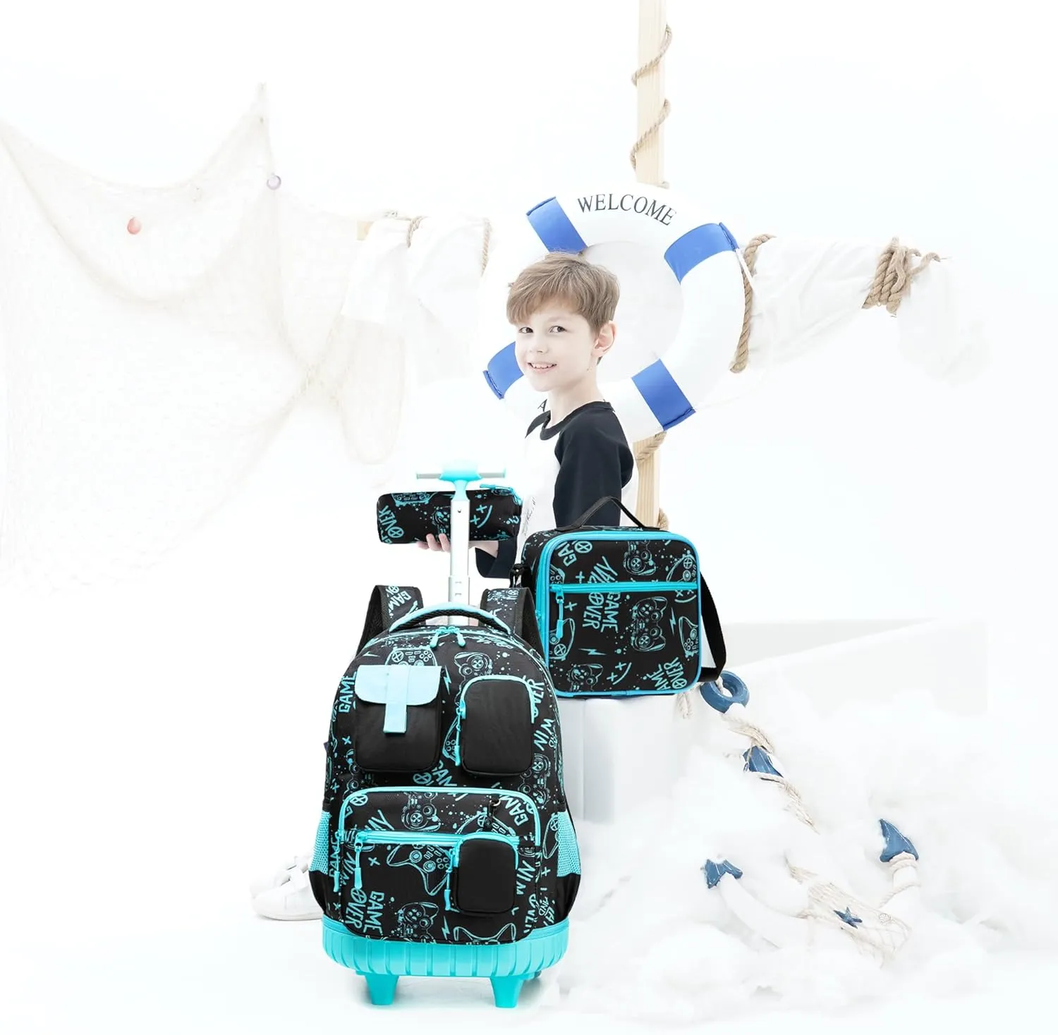 Meetbelify Boys Rolling Backpack with Wheels Kids Travel Luggage with Lunch Box Pencil Case for Elementary Students 18inch Carry on Suitcase for Boys Ages 8-10