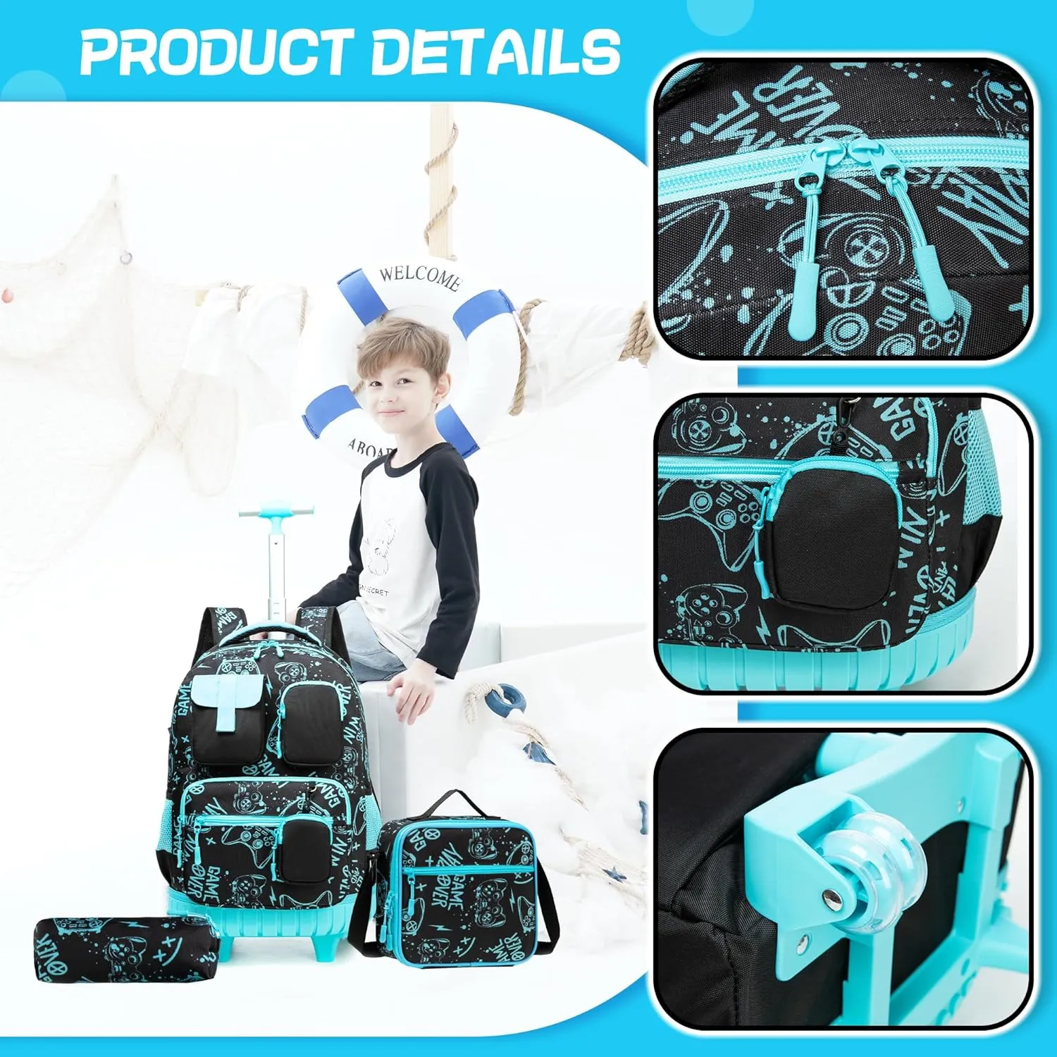 Meetbelify Boys Rolling Backpack with Wheels Kids Travel Luggage with Lunch Box Pencil Case for Elementary Students 18inch Carry on Suitcase for Boys Ages 8-10