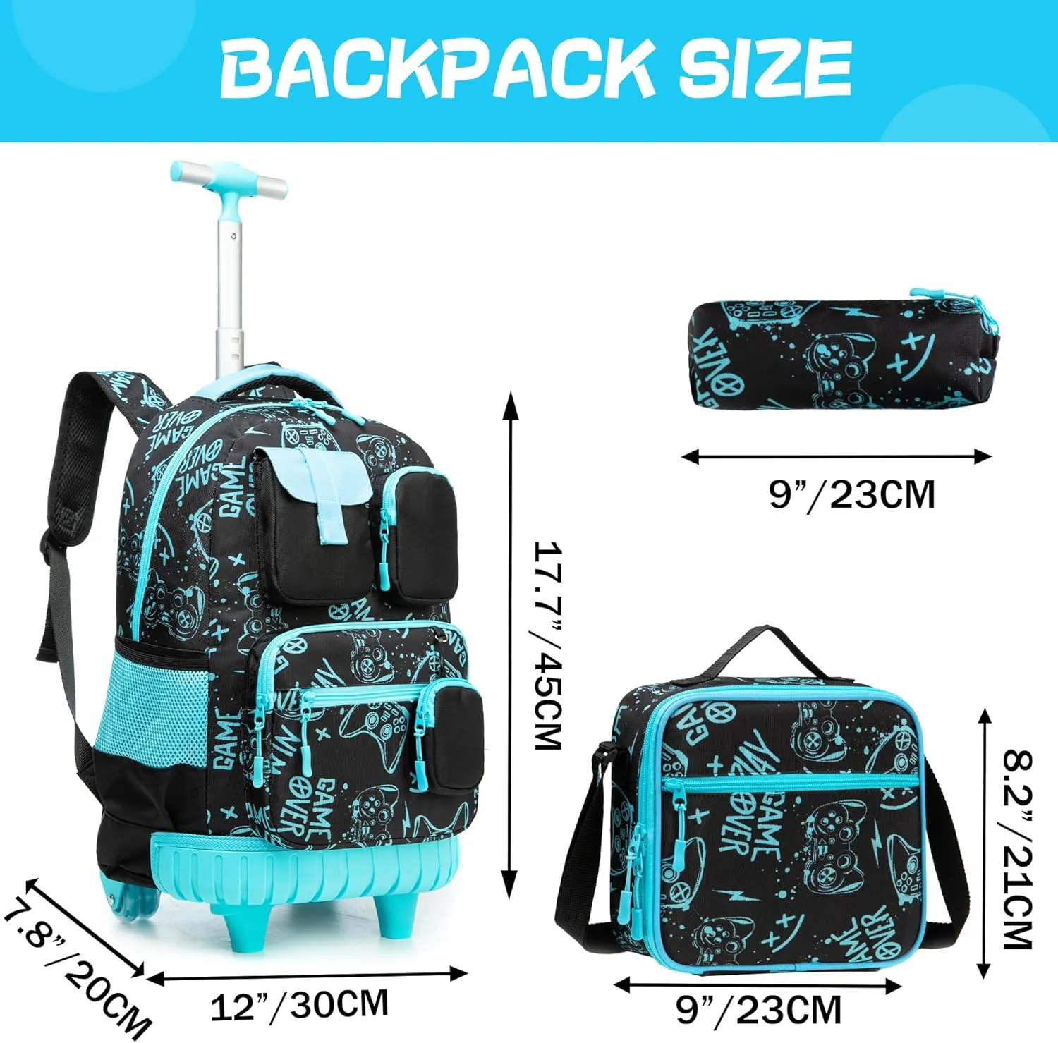 Meetbelify Boys Rolling Backpack with Wheels Kids Travel Luggage with Lunch Box Pencil Case for Elementary Students 18inch Carry on Suitcase for Boys Ages 8-10