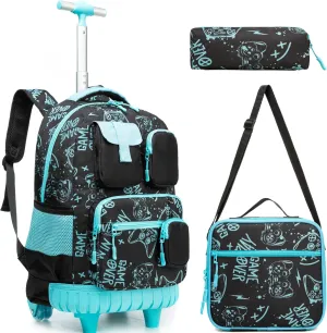Meetbelify Boys Rolling Backpack with Wheels Kids Travel Luggage with Lunch Box Pencil Case for Elementary Students 18inch Carry on Suitcase for Boys Ages 8-10