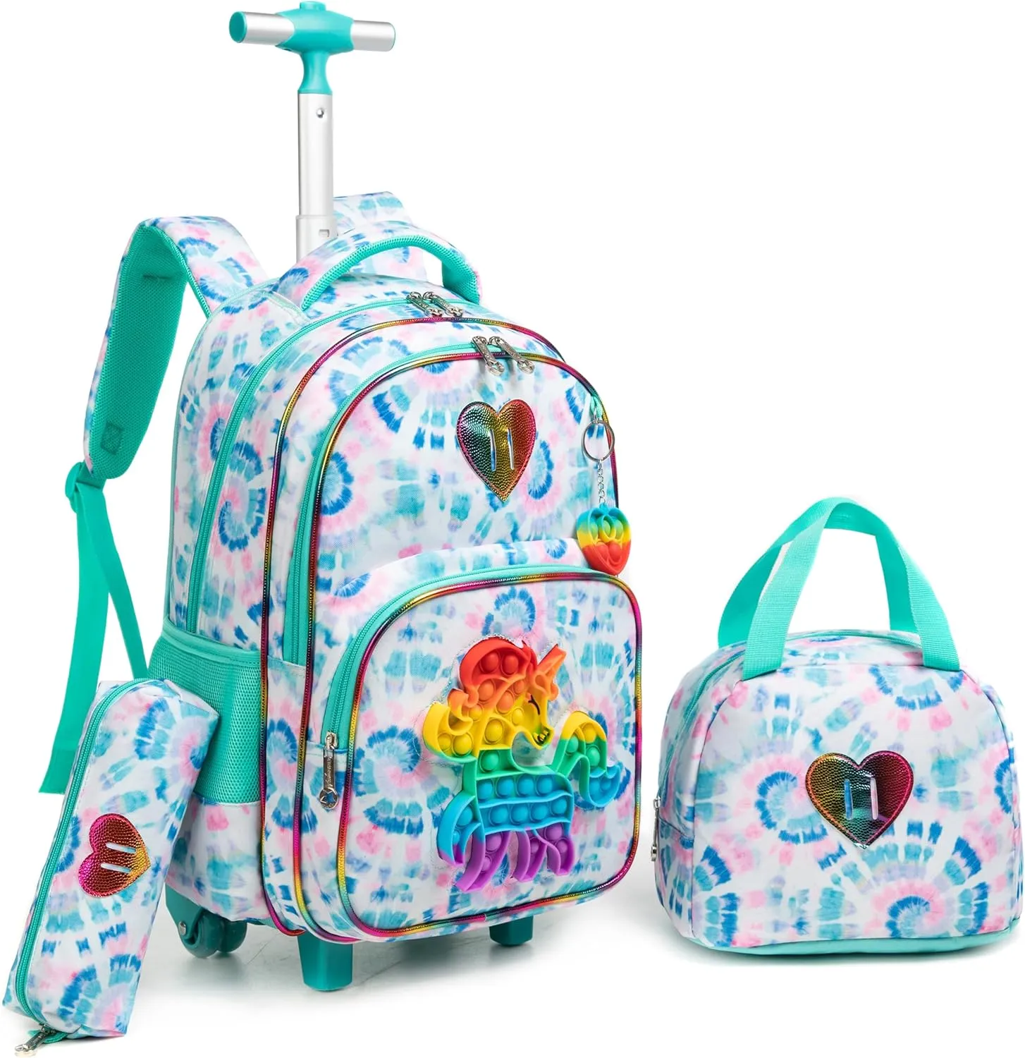 Meetbelify Girls Rolling Backpack with Wheels for Elementary Kindergarten Kids Mint Unicorn Suitcase Set Travel Laptop Luggage for Girls Age 6-8
