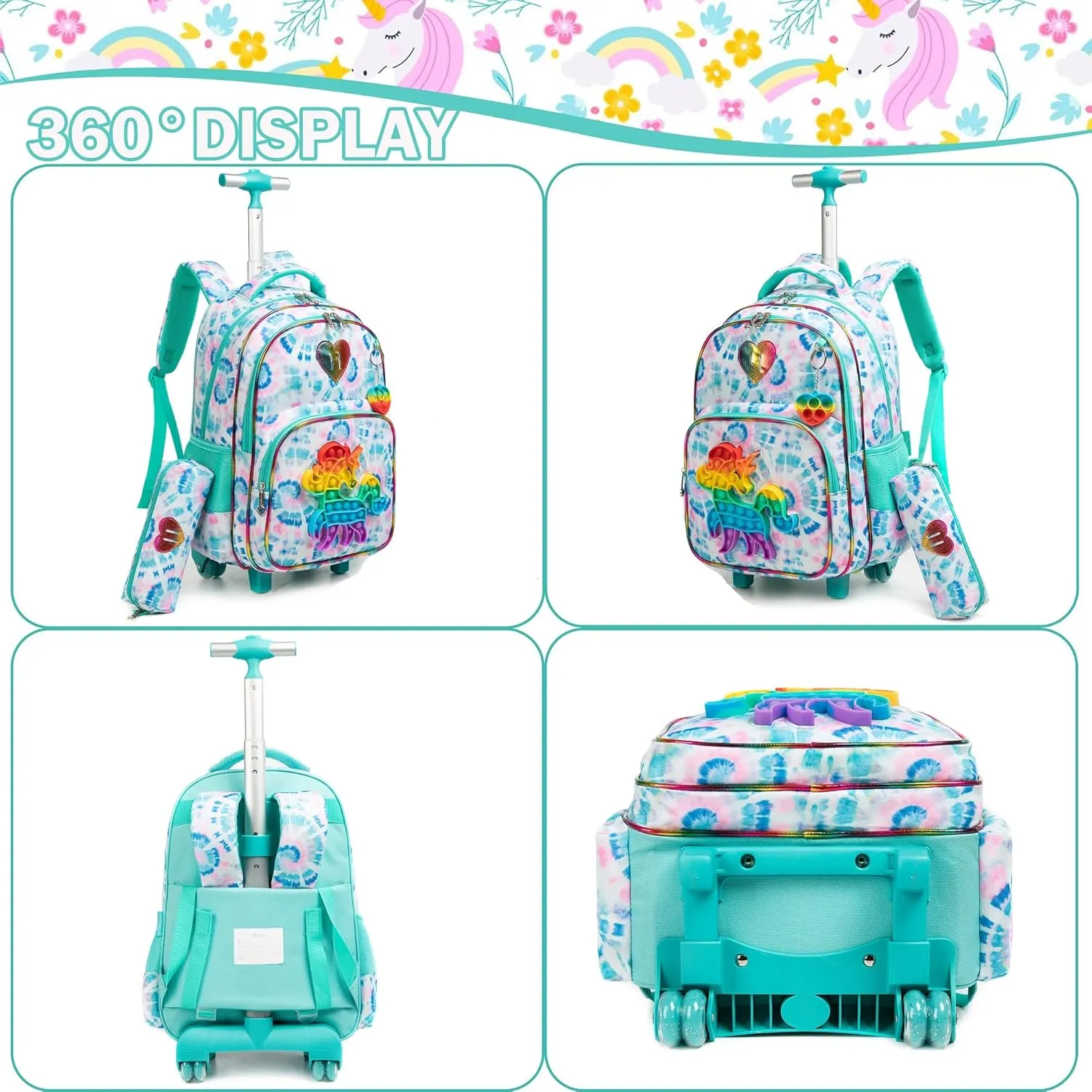 Meetbelify Girls Rolling Backpack with Wheels for Elementary Kindergarten Kids Mint Unicorn Suitcase Set Travel Laptop Luggage for Girls Age 6-8