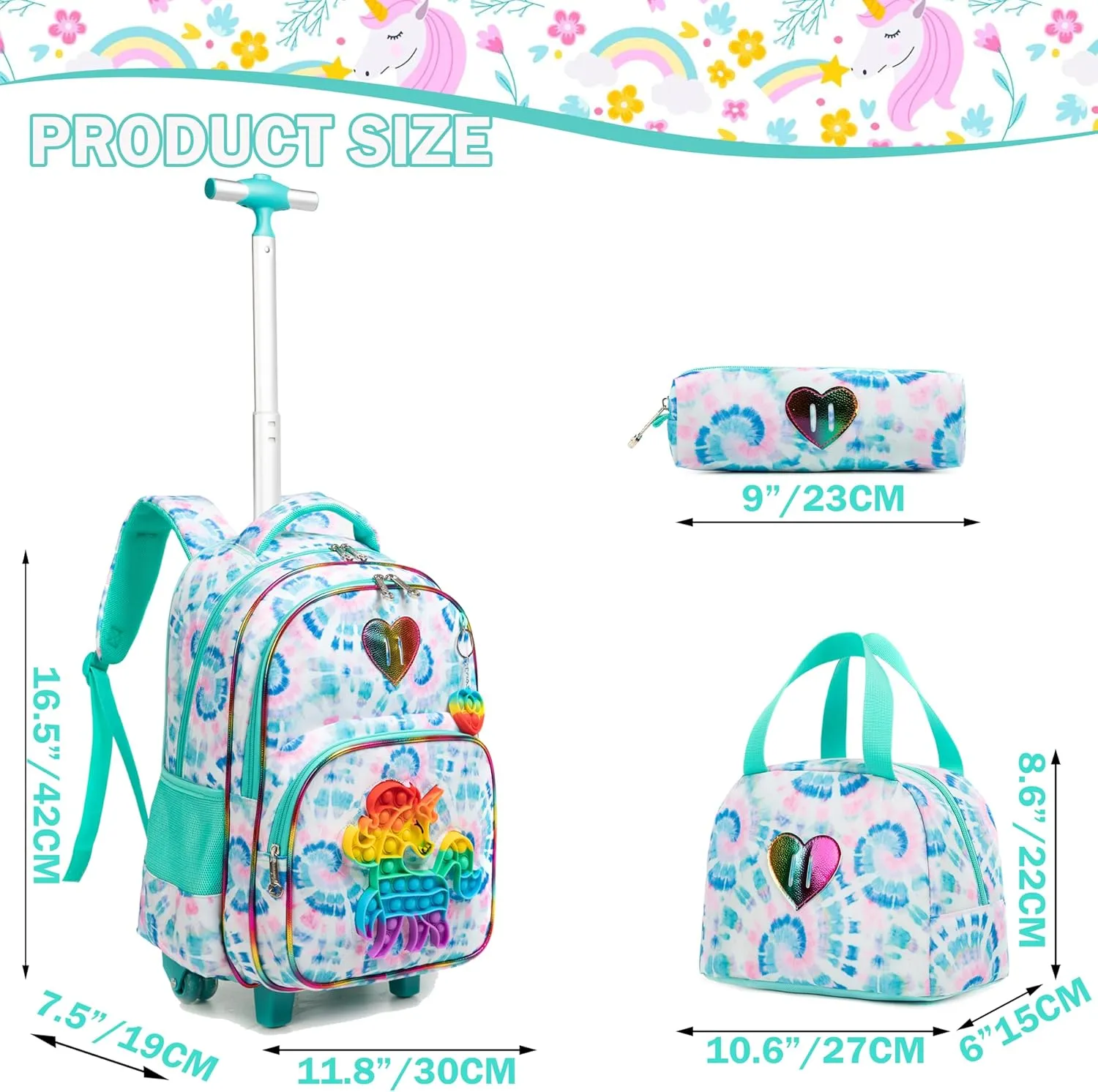 Meetbelify Girls Rolling Backpack with Wheels for Elementary Kindergarten Kids Mint Unicorn Suitcase Set Travel Laptop Luggage for Girls Age 6-8