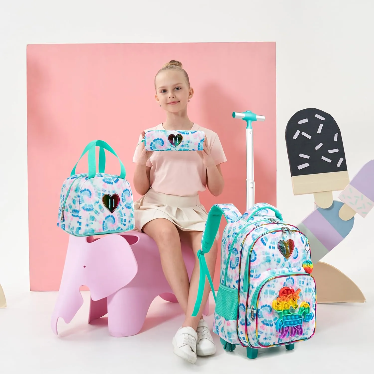 Meetbelify Girls Rolling Backpack with Wheels for Elementary Kindergarten Kids Mint Unicorn Suitcase Set Travel Laptop Luggage for Girls Age 6-8