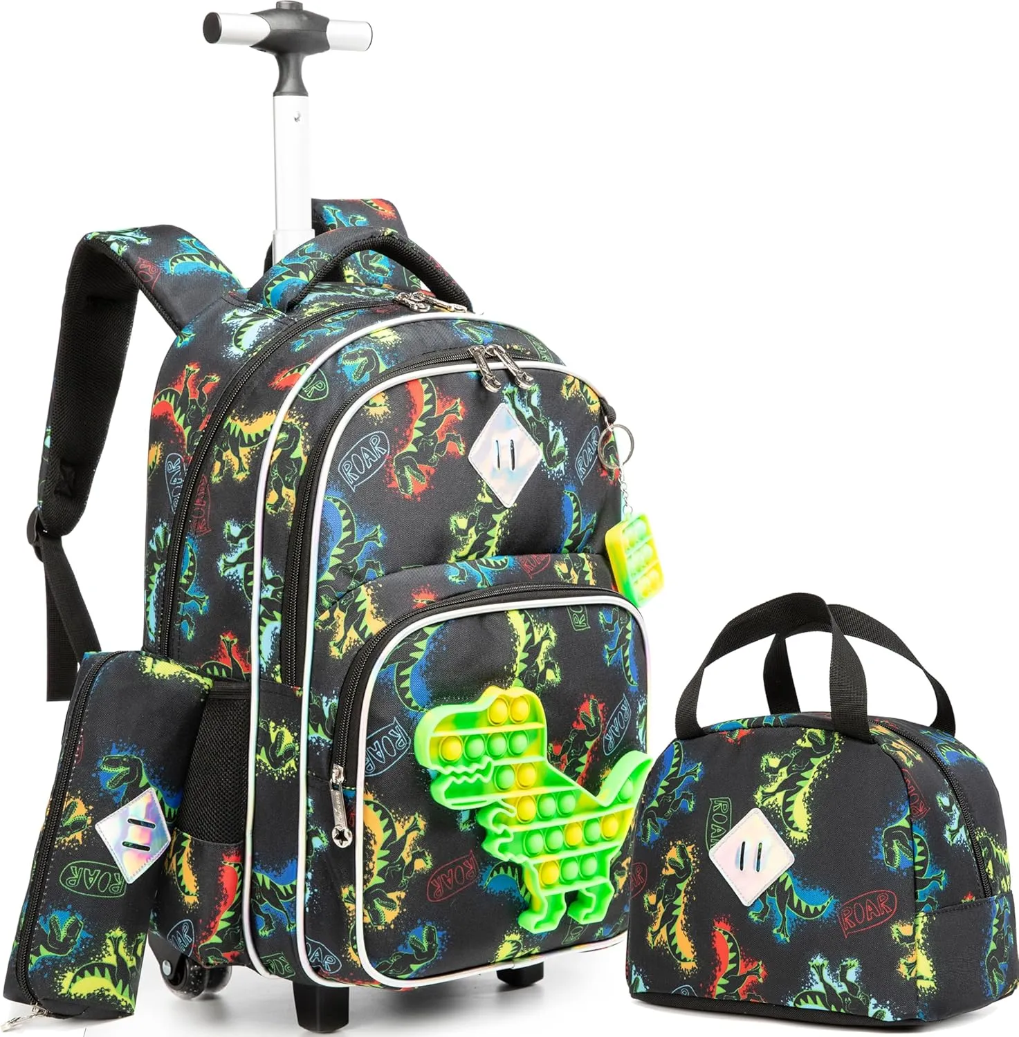 Meetbelify Rolling Backpack for Boys with Lunch Box Set Dinosaur Backpack with Wheels Kids Travel Suitcase Laptop Luggage for Boys Age 6-8