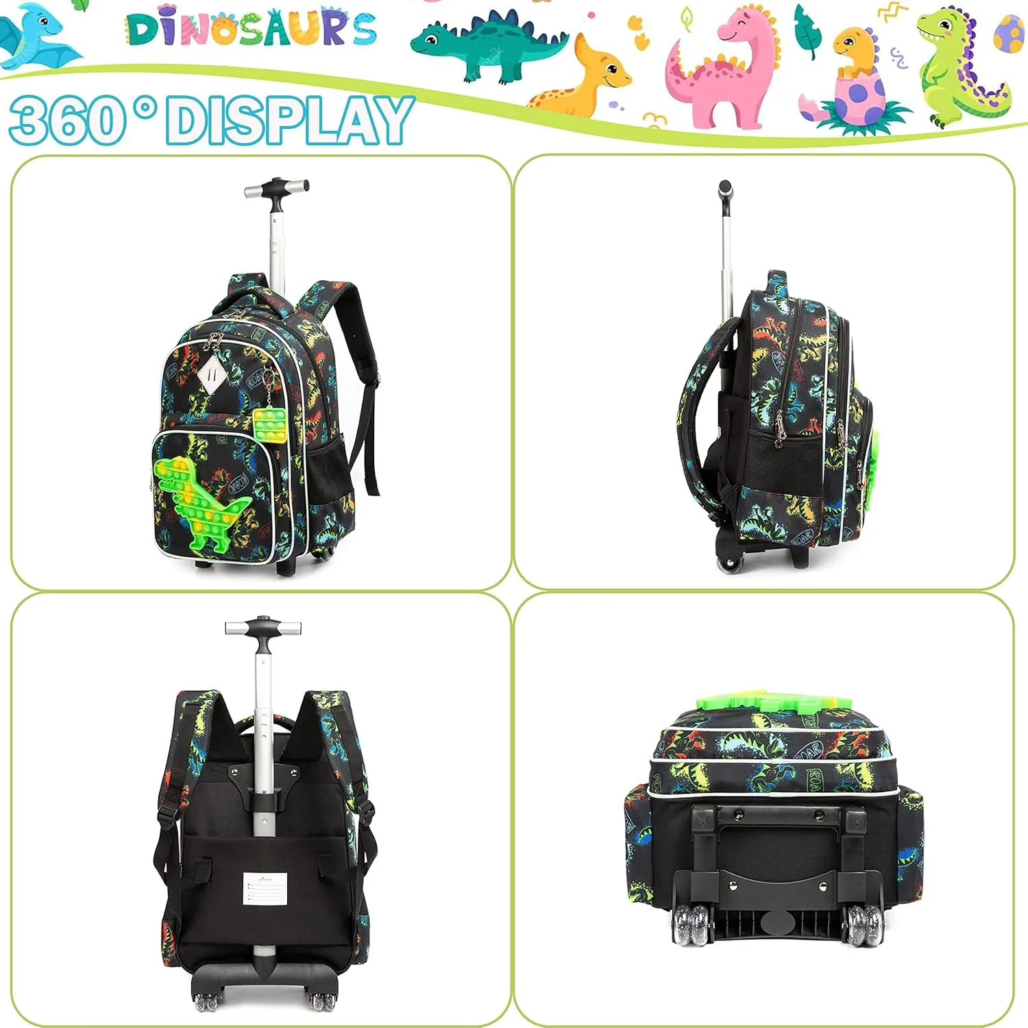 Meetbelify Rolling Backpack for Boys with Lunch Box Set Dinosaur Backpack with Wheels Kids Travel Suitcase Laptop Luggage for Boys Age 6-8