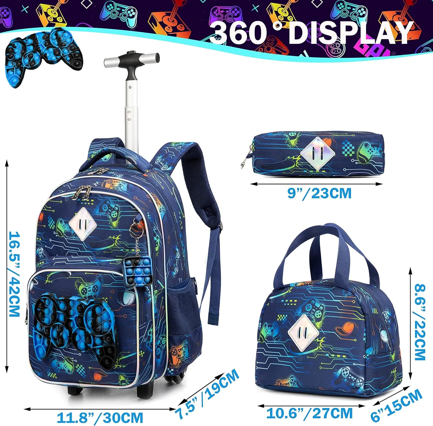 Meetbelify Rolling Backpack for Boys with Wheels Kids Travel Suitcase Laptop Luggage with Lunch Box Set for Boys Age 6-8