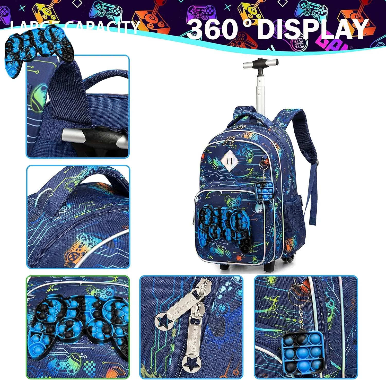 Meetbelify Rolling Backpack for Boys with Wheels Kids Travel Suitcase Laptop Luggage with Lunch Box Set for Boys Age 6-8
