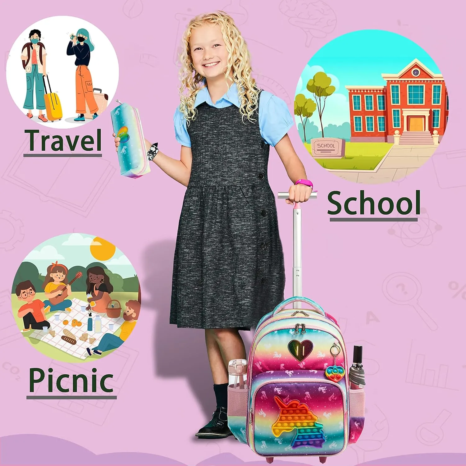 Meetbelify Unicorn Rolling Backpack for Girls Wheels Backpacks for Elementary Student Wheeled Trolley Trip Kids Luggage for Teen Girls with Lunch Box Pencil Case