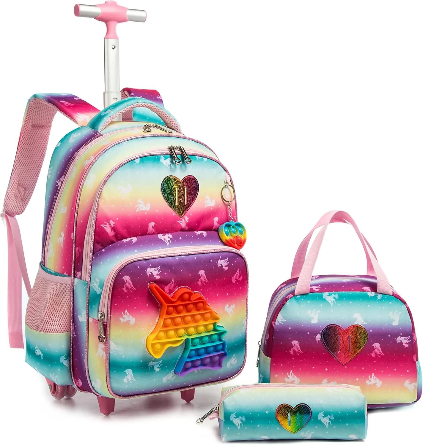 Meetbelify Unicorn Rolling Backpack for Girls Wheels Backpacks for Elementary Student Wheeled Trolley Trip Kids Luggage for Teen Girls with Lunch Box Pencil Case