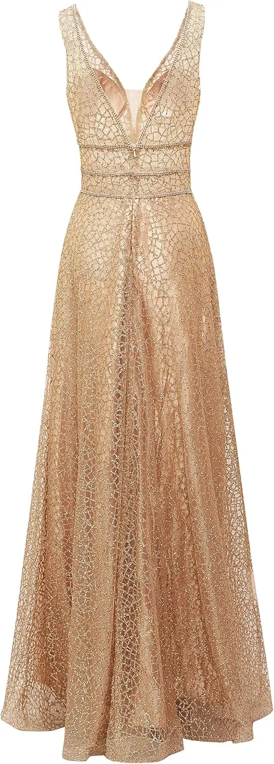 Meier Women's Glitter Tulle Double V-Neck A-Line Prom Formal Gown