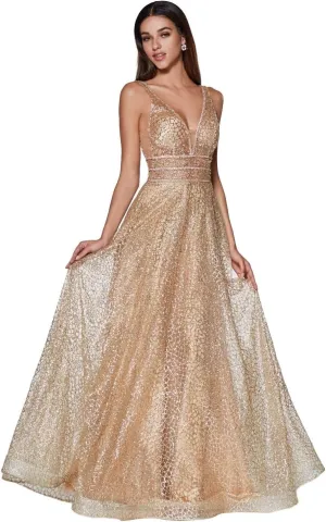 Meier Women's Glitter Tulle Double V-Neck A-Line Prom Formal Gown