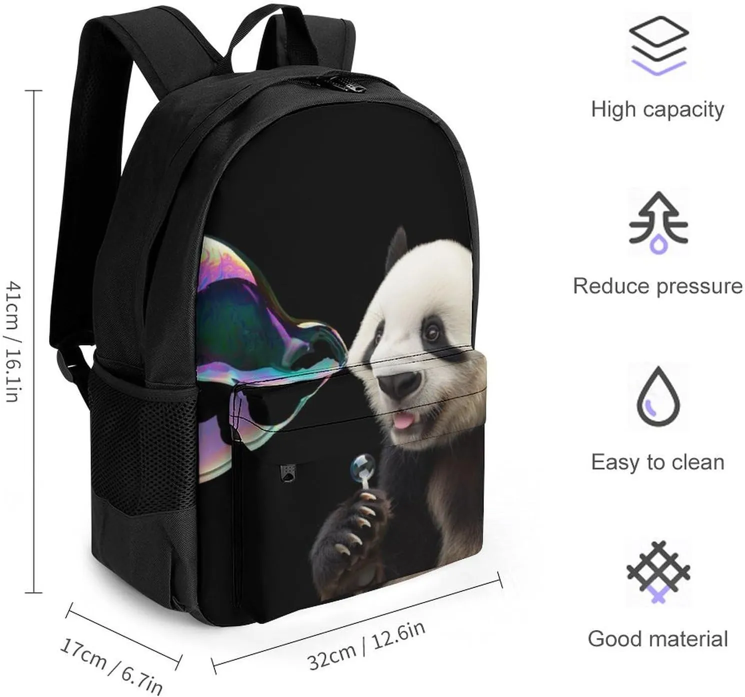 Men Women Lightweight Cute Panda Colorful Bubble Art Daypack Bookbag Big Capacity Carry On Bag With Side Pockets for Camping Travel Bicycle
