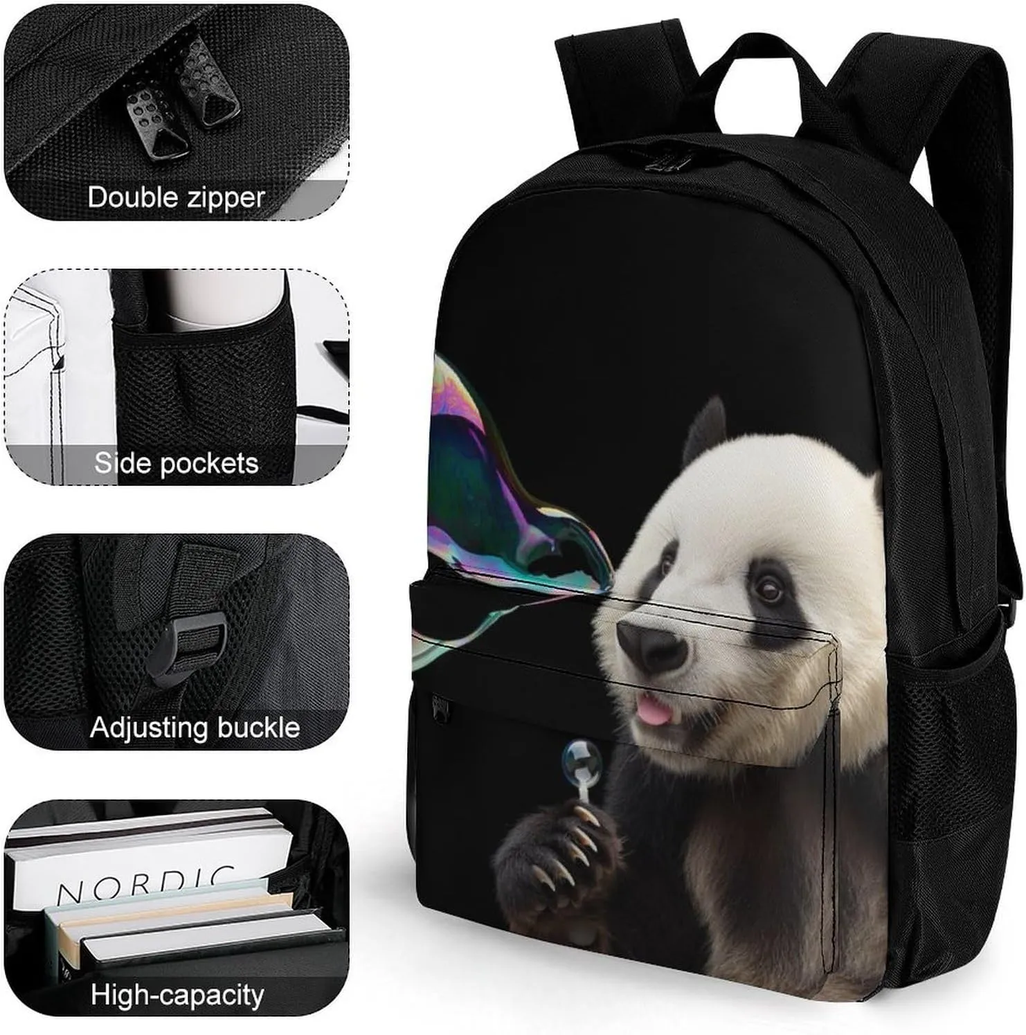 Men Women Lightweight Cute Panda Colorful Bubble Art Daypack Bookbag Big Capacity Carry On Bag With Side Pockets for Camping Travel Bicycle