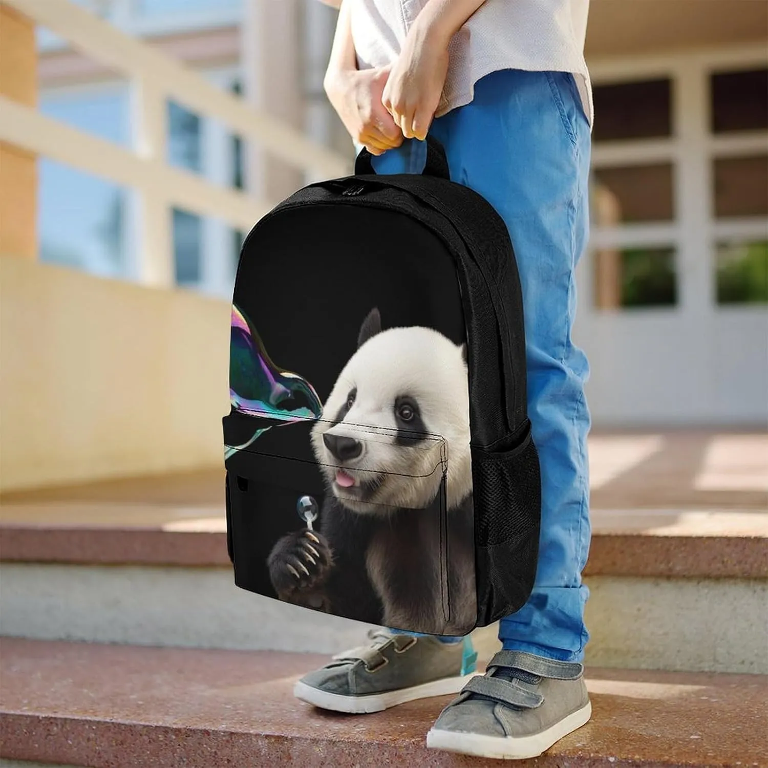 Men Women Lightweight Cute Panda Colorful Bubble Art Daypack Bookbag Big Capacity Carry On Bag With Side Pockets for Camping Travel Bicycle