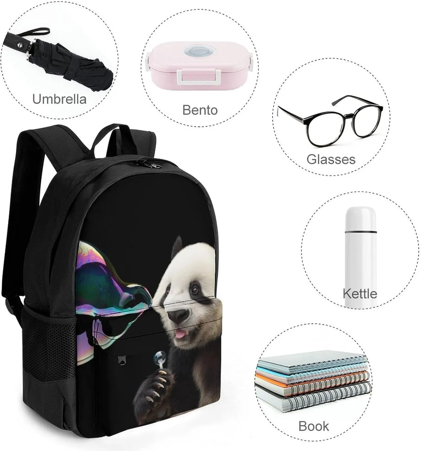 Men Women Lightweight Cute Panda Colorful Bubble Art Daypack Bookbag Big Capacity Carry On Bag With Side Pockets for Camping Travel Bicycle