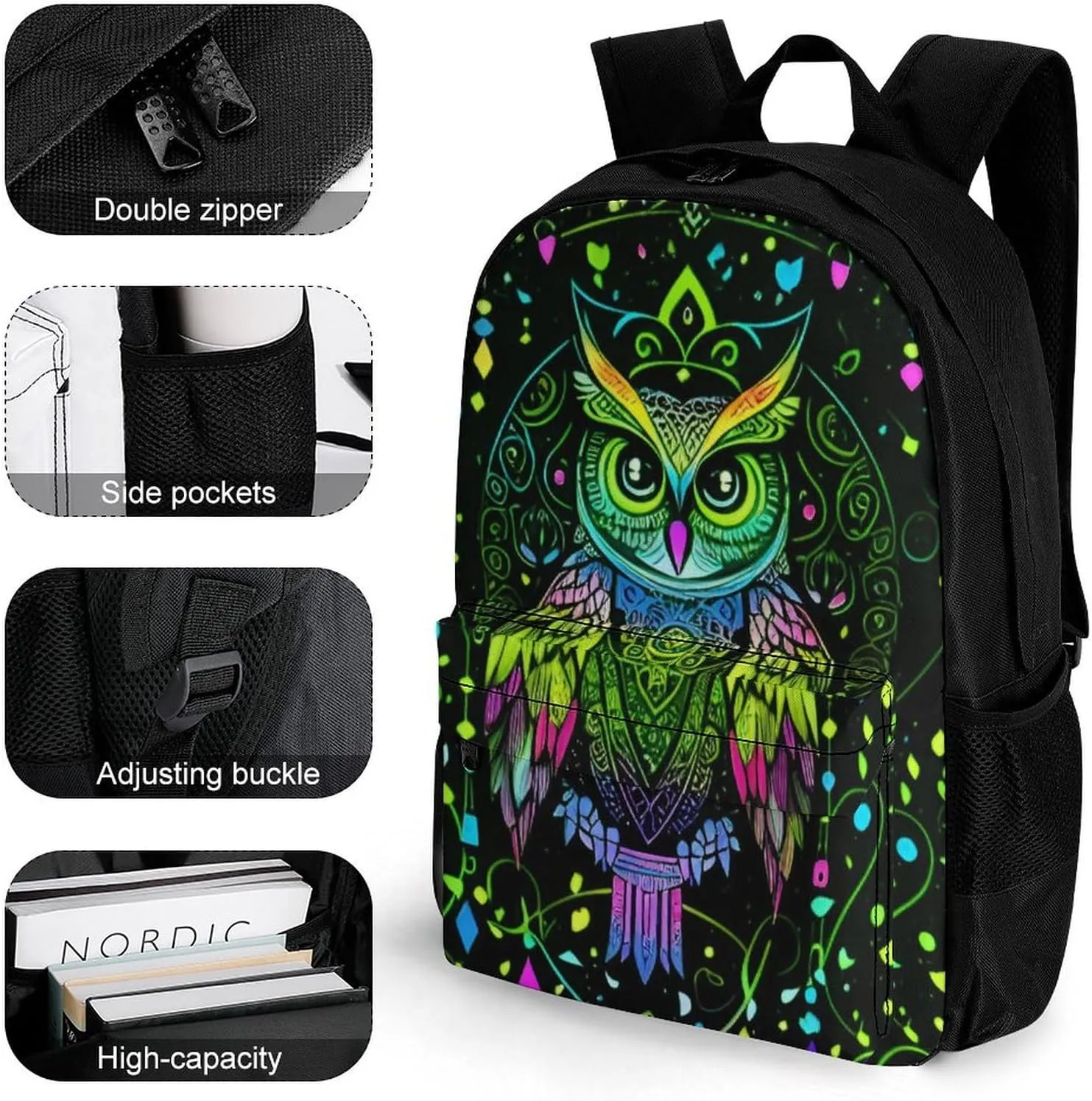 Men Women Polyester Cute Abstract Owl Psychedelic Art Casual Daypack Large Capacity Carry On Bag With Adjustable Shoulder Straps for Camping Work Running