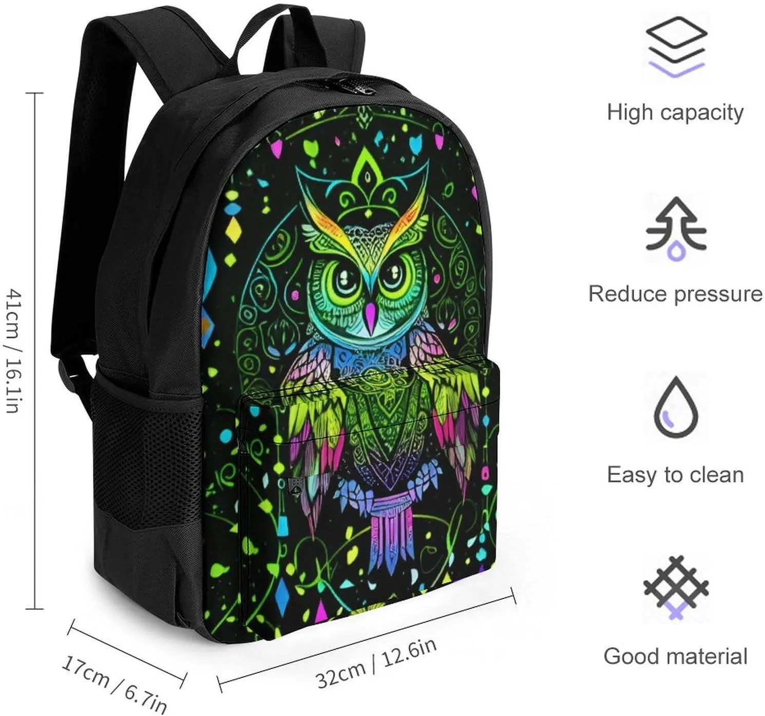 Men Women Polyester Cute Abstract Owl Psychedelic Art Casual Daypack Large Capacity Carry On Bag With Adjustable Shoulder Straps for Camping Work Running