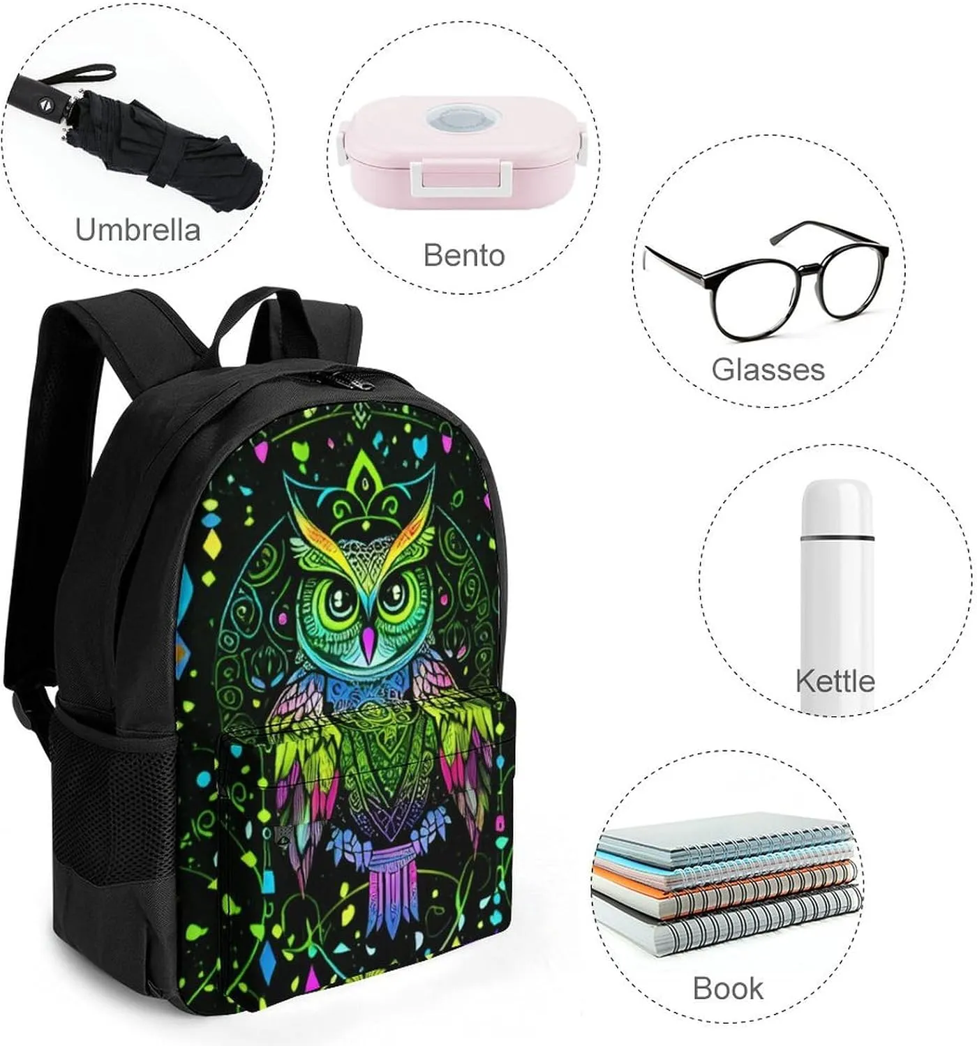 Men Women Polyester Cute Abstract Owl Psychedelic Art Casual Daypack Large Capacity Carry On Bag With Adjustable Shoulder Straps for Camping Work Running