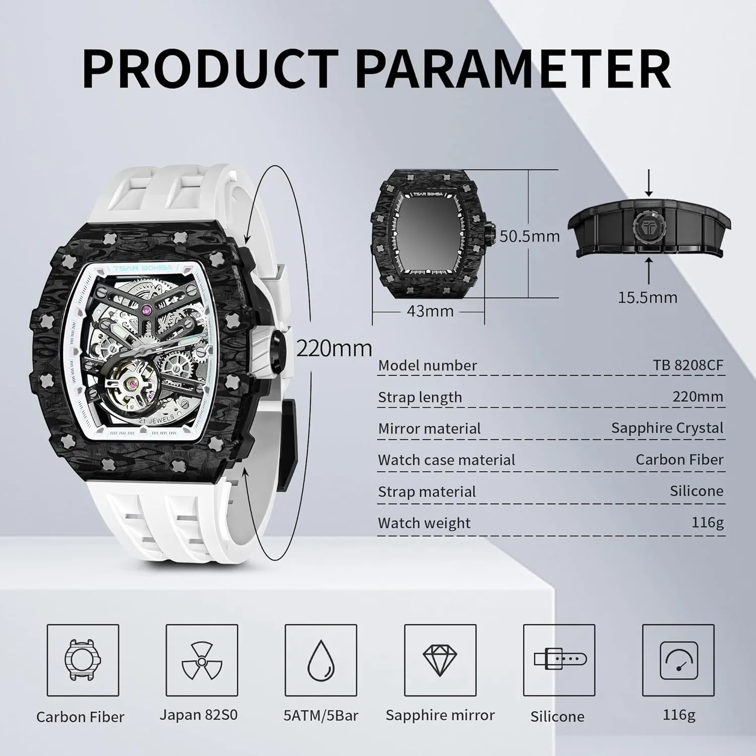 Men's Automatic Watch Tonneau Luxury Skeleton Watches for Men Mechanical 50M Waterproof Analogue Watches Mens Unique Cool Square Big Face Dial Wristwatch with Silicone Strap Band