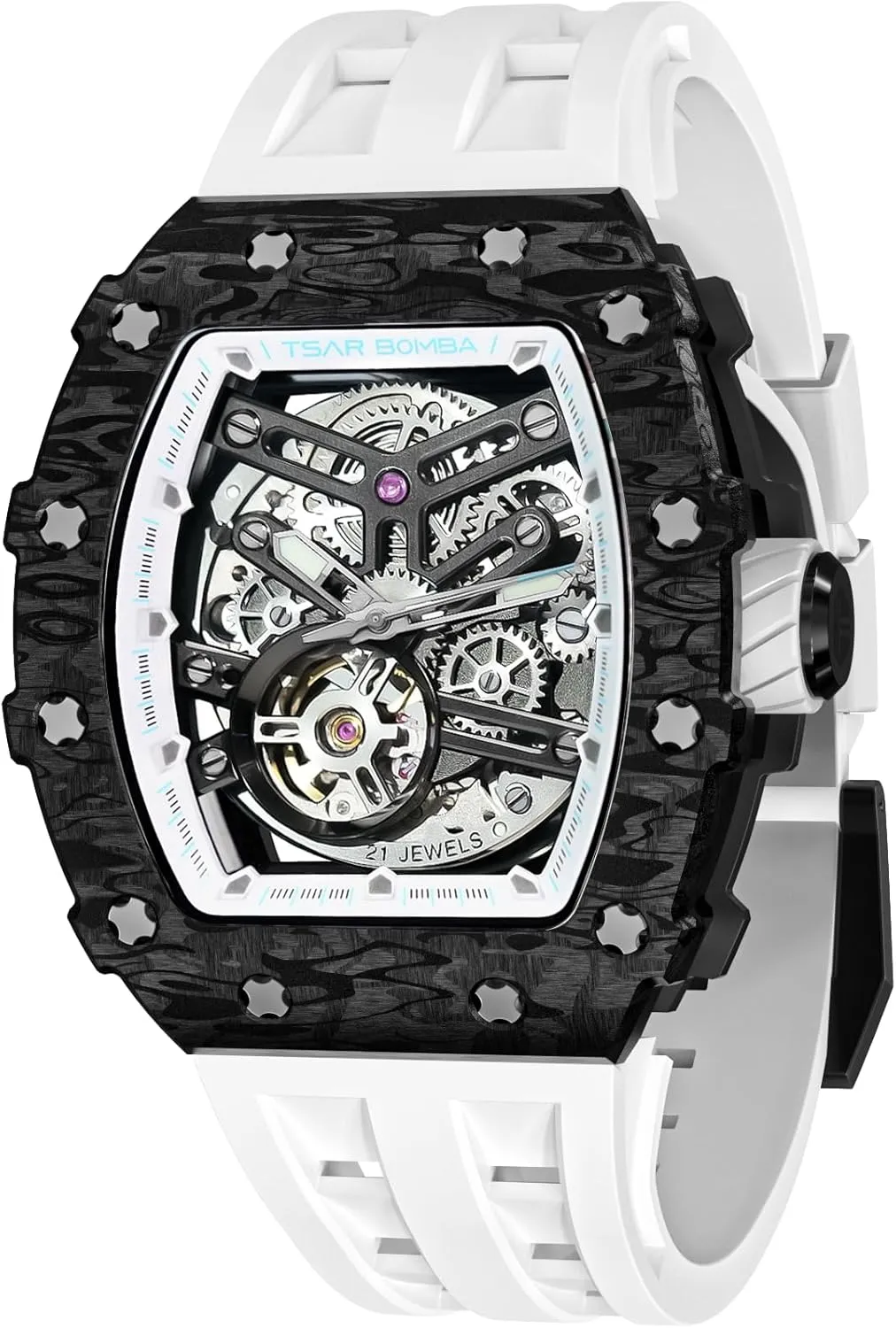 Men's Automatic Watch Tonneau Luxury Skeleton Watches for Men Mechanical 50M Waterproof Analogue Watches Mens Unique Cool Square Big Face Dial Wristwatch with Silicone Strap Band