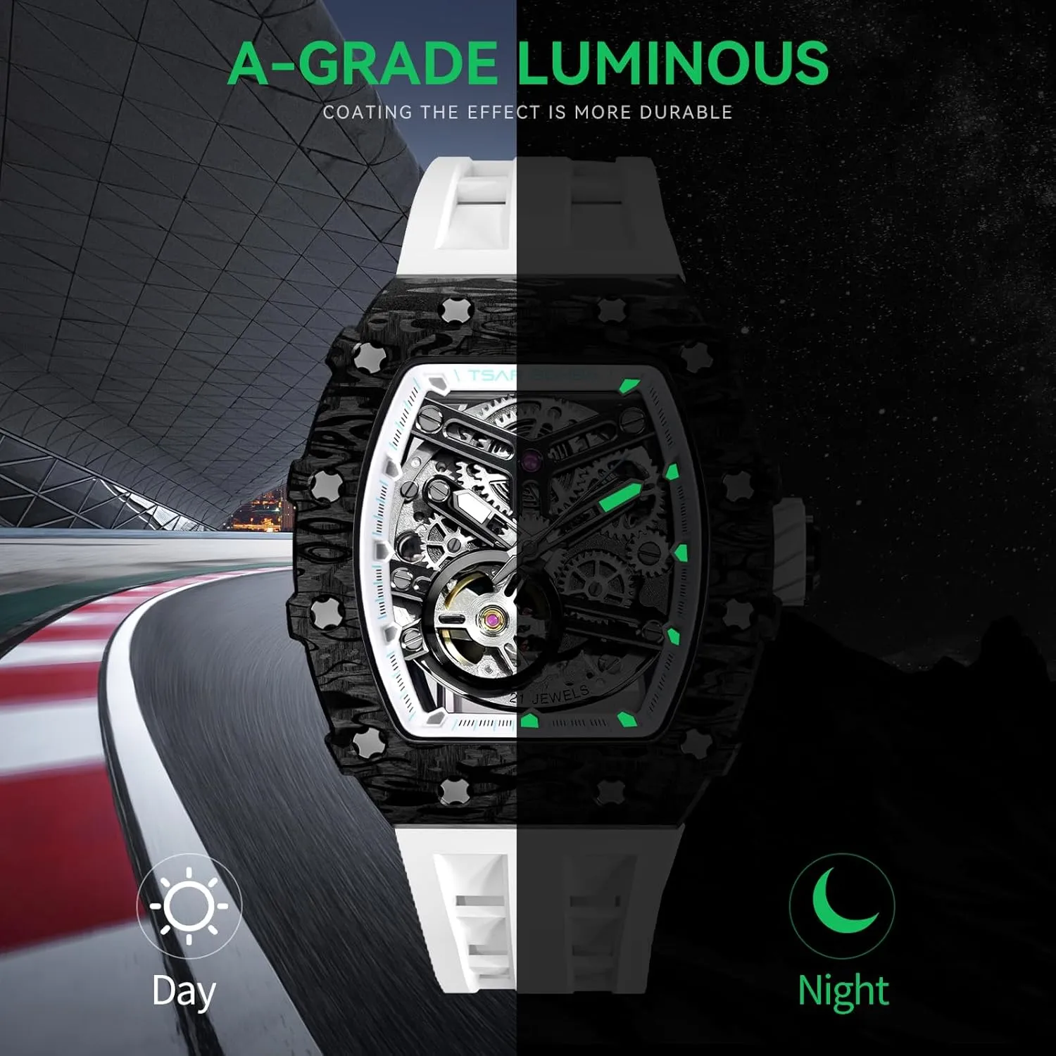 Men's Automatic Watch Tonneau Luxury Skeleton Watches for Men Mechanical 50M Waterproof Analogue Watches Mens Unique Cool Square Big Face Dial Wristwatch with Silicone Strap Band