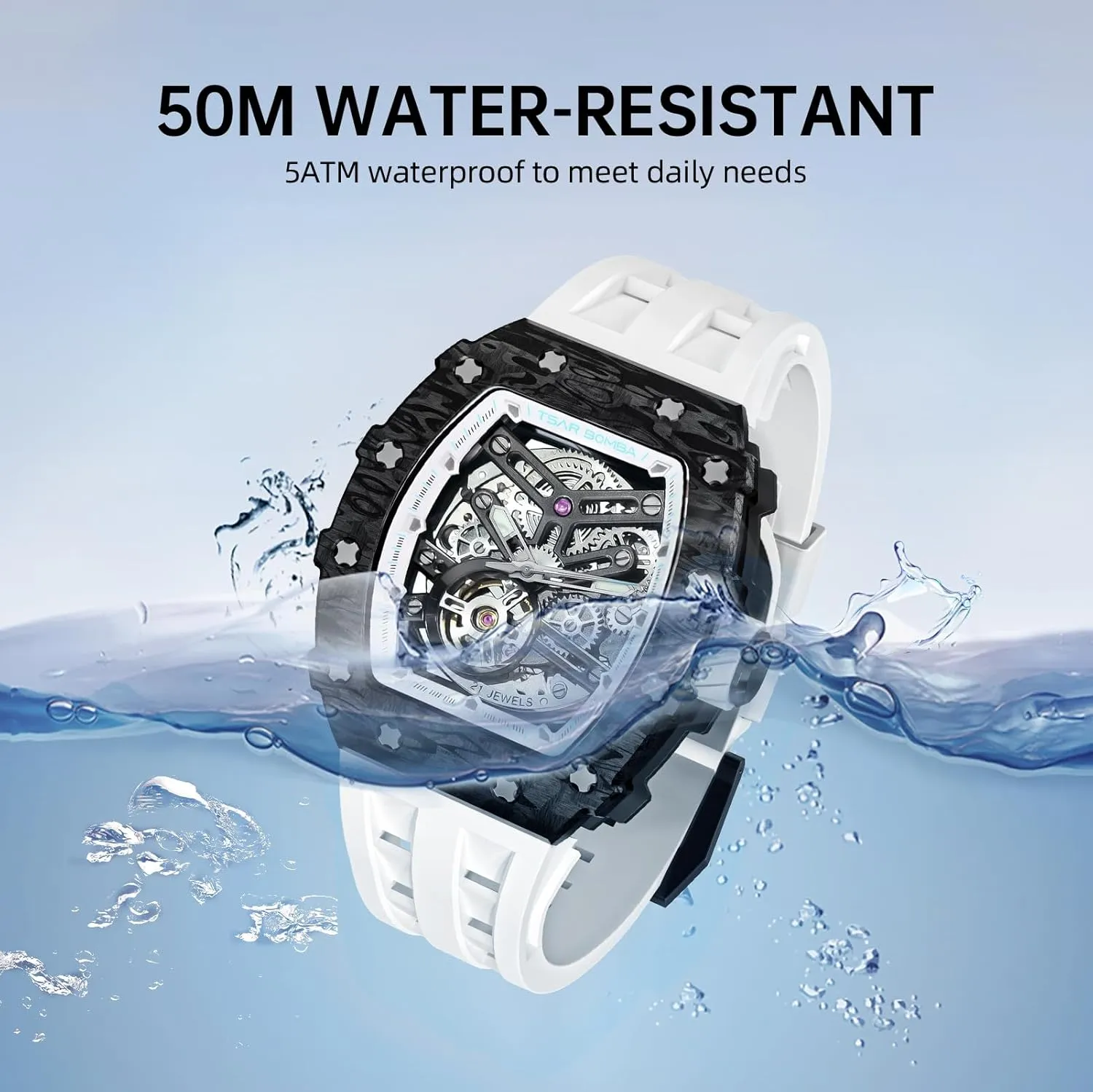 Men's Automatic Watch Tonneau Luxury Skeleton Watches for Men Mechanical 50M Waterproof Analogue Watches Mens Unique Cool Square Big Face Dial Wristwatch with Silicone Strap Band