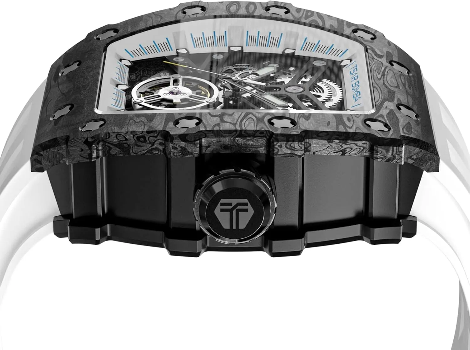 Men's Automatic Watch Tonneau Luxury Skeleton Watches for Men Mechanical 50M Waterproof Analogue Watches Mens Unique Cool Square Big Face Dial Wristwatch with Silicone Strap Band