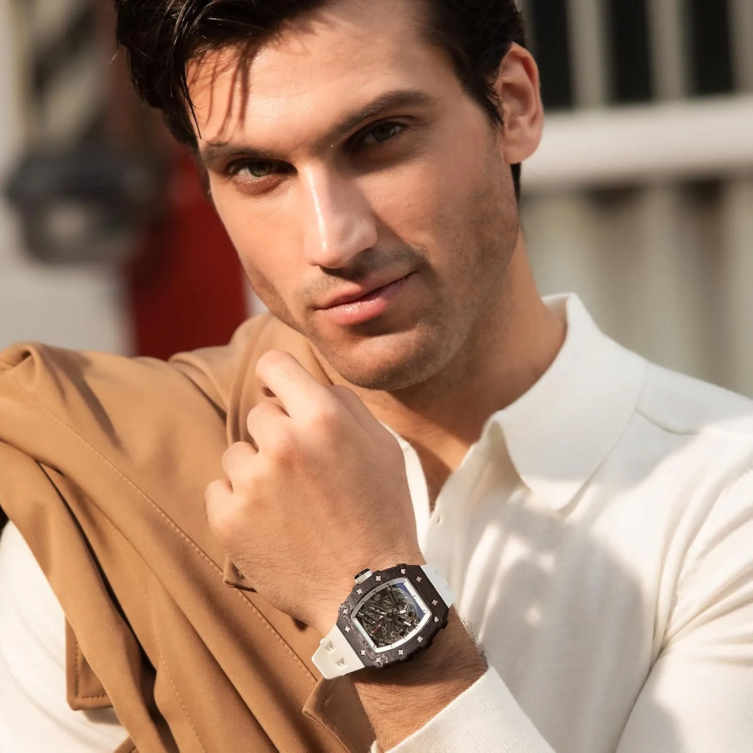 Men's Automatic Watch Tonneau Luxury Skeleton Watches for Men Mechanical 50M Waterproof Analogue Watches Mens Unique Cool Square Big Face Dial Wristwatch with Silicone Strap Band