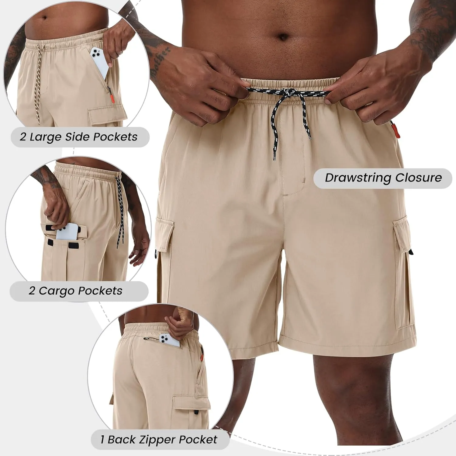 Men's Cargo Shorts Quick Dry Lightweight Stretch Hiking Shorts for Men with 5 Pockets No Lining