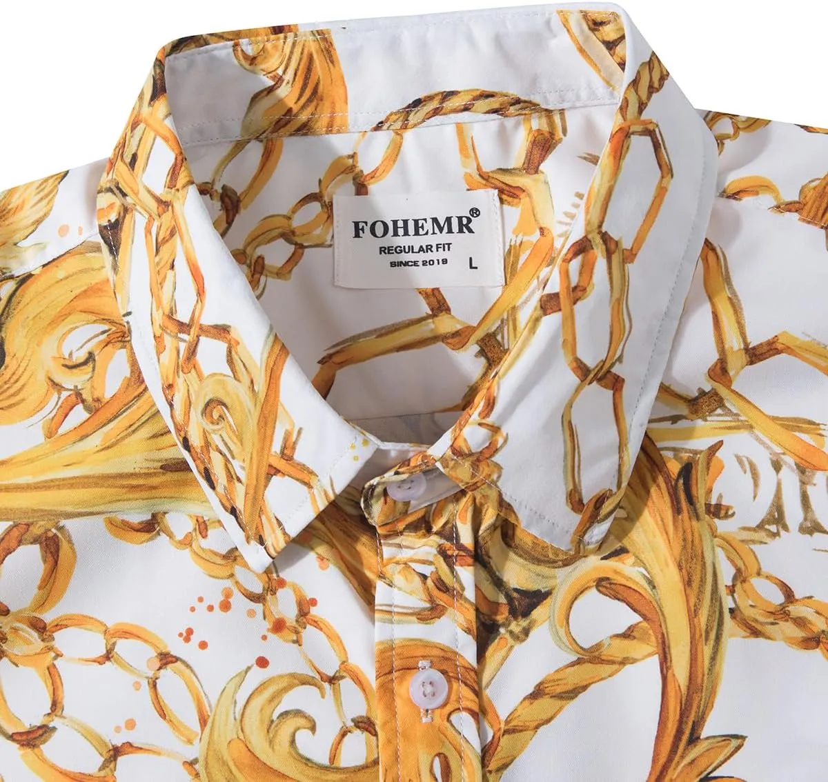 Mens Luxury Dress Shirts Baroque Gold Chain Print Casual Long Sleeve Button Down Buchona Shirt for Party