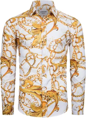Mens Luxury Dress Shirts Baroque Gold Chain Print Casual Long Sleeve Button Down Buchona Shirt for Party