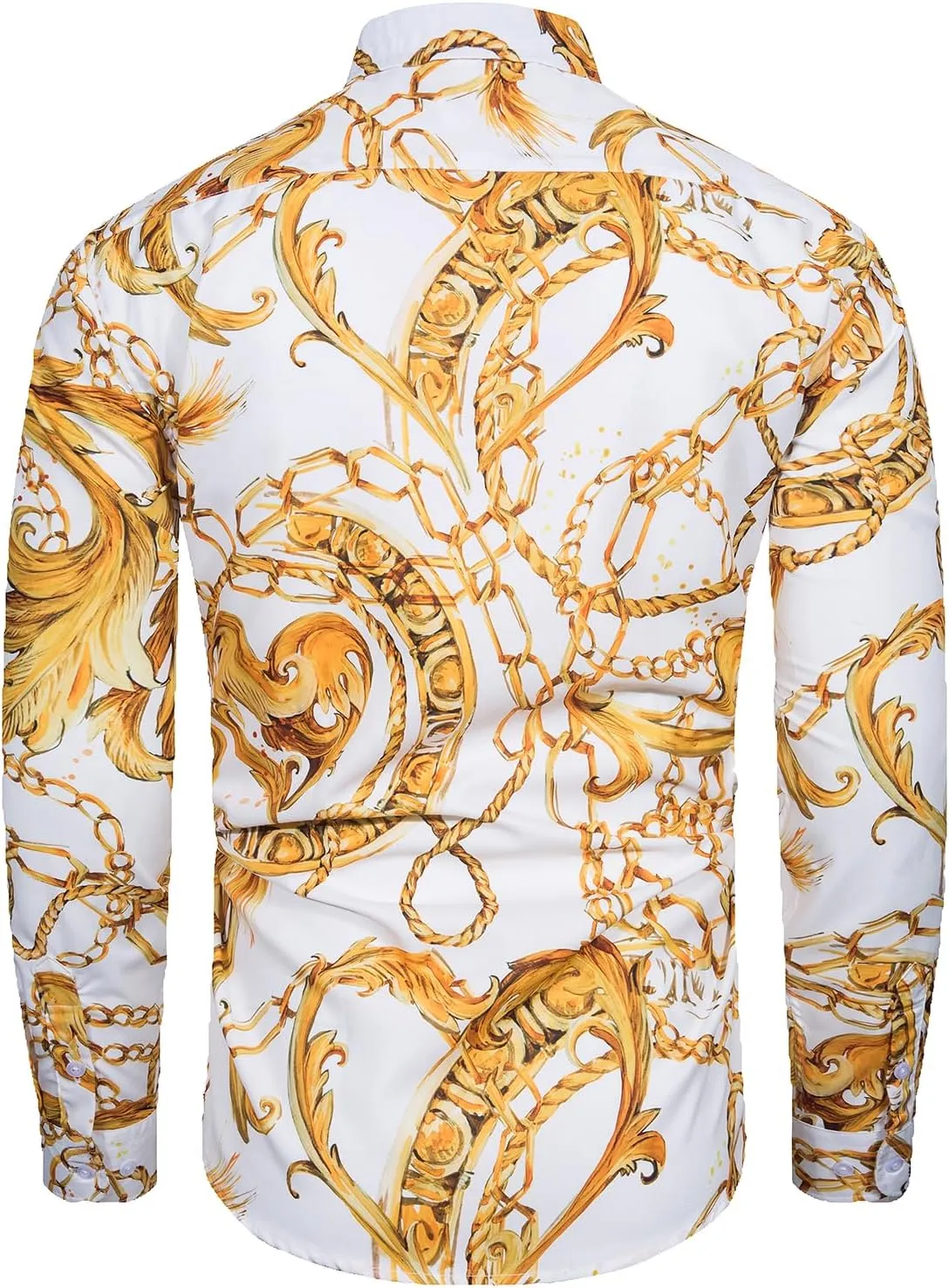 Mens Luxury Dress Shirts Baroque Gold Chain Print Casual Long Sleeve Button Down Buchona Shirt for Party