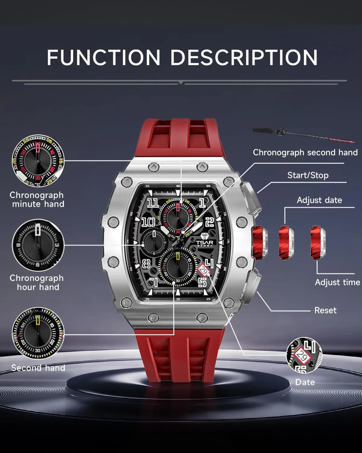 Mens Watches Luxury Tonneau Watches for Men Waterproof 50M Analog Replica Watch Chronograph Calendar Date Men’s Dress Business Work Watch Diver Large Square Face Wristwatch