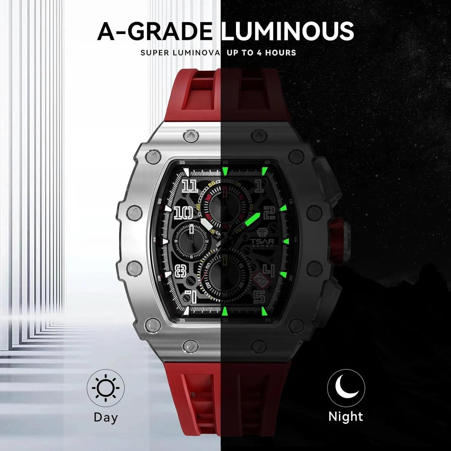 Mens Watches Luxury Tonneau Watches for Men Waterproof 50M Analog Replica Watch Chronograph Calendar Date Men’s Dress Business Work Watch Diver Large Square Face Wristwatch