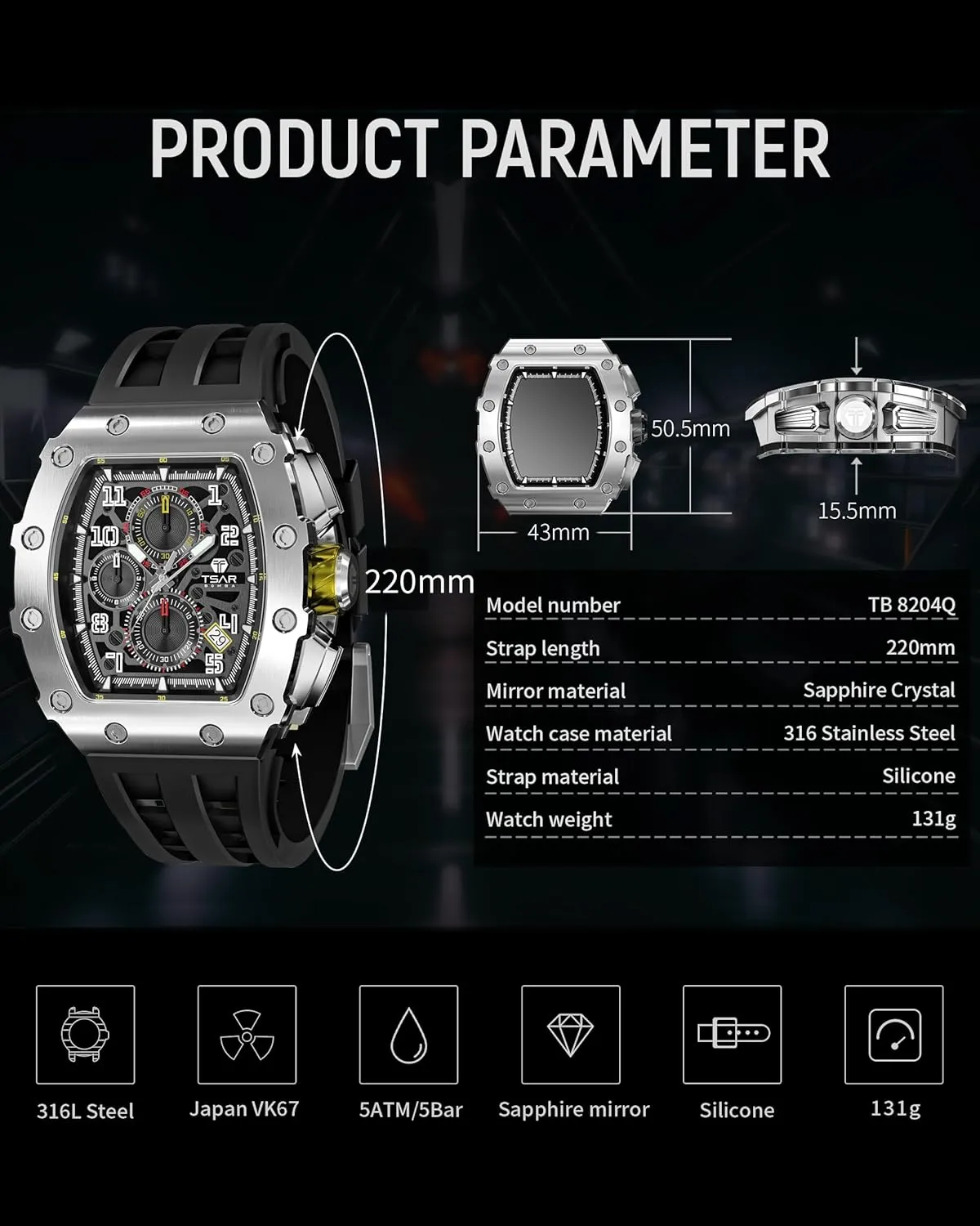 Mens Watches Luxury Tonneau Watches for Men Waterproof 50M Analog Replica Watch Chronograph Calendar Date Men’s Dress Business Work Watch Diver Large Square Face Wristwatch