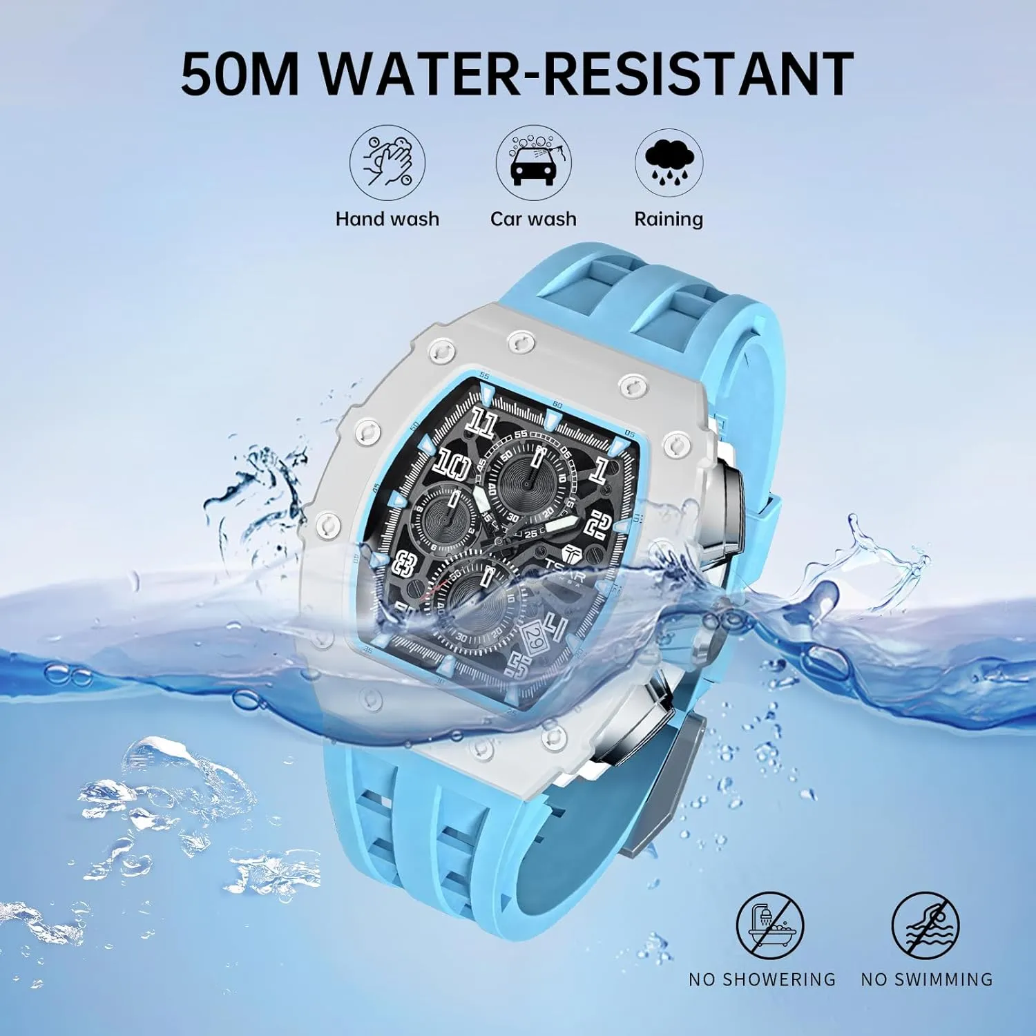Mens Watches Luxury Tonneau Watches for Men Waterproof 50M Analog Replica Watch Chronograph Calendar Date Men’s Dress Business Work Watch Diver Large Square Face Wristwatch